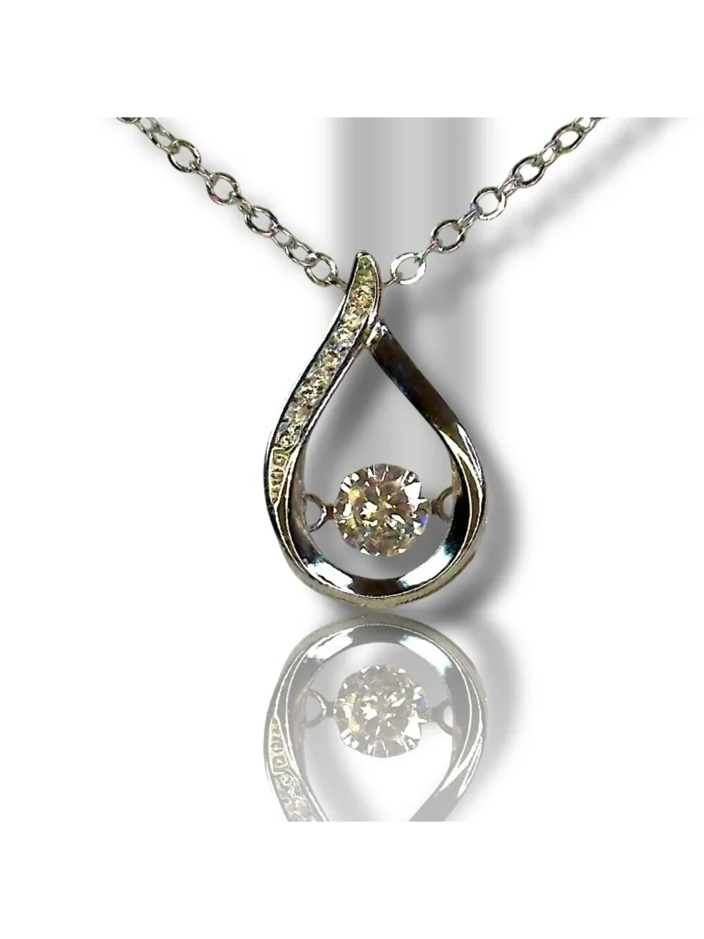 Sterling Silver Pendant Necklace With Teardrop Design & Dancing Moissanite Stone